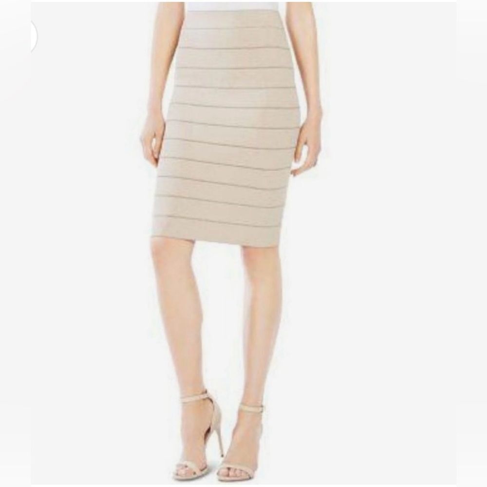 BCBG XS Cream Metallic Gold Bandage Bodycon High Waist Pull On Pencil Skirt